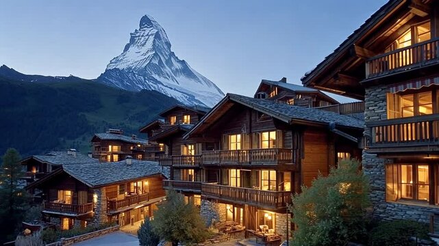 Majestic Matterhorn View: Luxurious Swiss Chalet Village at Dusk