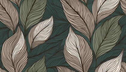 Striking Seamless Leaves Pattern Abstract Line Art of Vibrant Floral Wallpaper for Creative Designs, Boasting Cool Warm Hues
