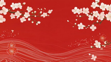 Floral Blossom Pattern with Red Background and Artistic Waves