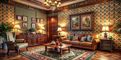 Vintage Room Interior with Wooden Furniture and Tiled Walls Perfect for Nostalgic Decor Inspiration, Home Design, and Retro Aesthetics in Interior Photography