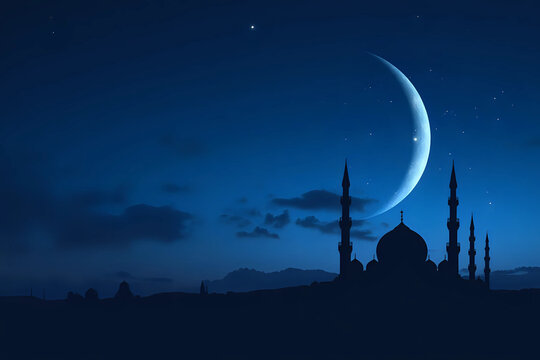 Mosques Dome on dark blue twilight sky and Crescent on background, symbol islamic religion Ramadan and free space for text arabic, Eid al-Adha, Eid al-fitr, Mubarak.