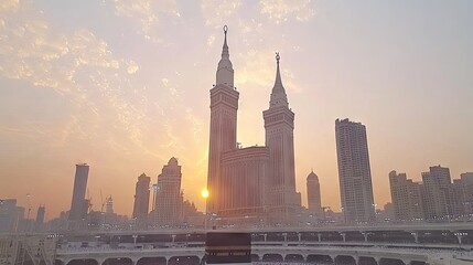 Fototapeta premium Mecca sunrise, cityscape, towers, pilgrims, religious site. Use travel, religion