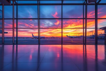 Fototapeta premium When the sun sets in a brilliant mix of colors, the airport terminal is filled with a lively atmosphere, presenting a panoramic view of the busy environment as planes take off and land.