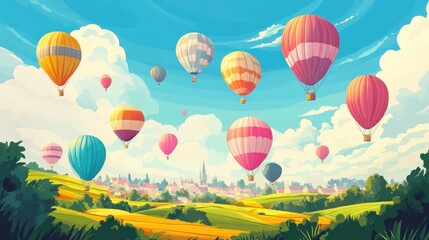 Obraz premium Colorful Hot Air Balloons Floating Over Scenic Countryside Landscape