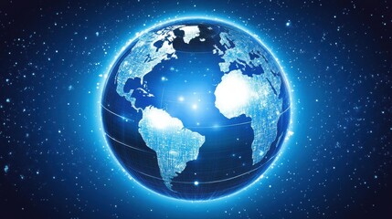 Fototapeta premium Blue 3D Earth Globe with Digital Data and Starry Background