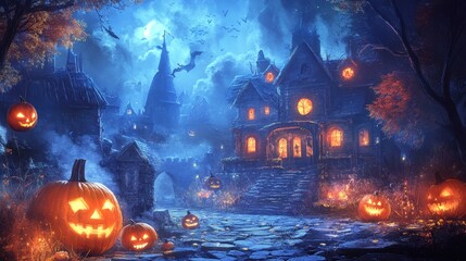 A Halloween scene with a haunted house, cobblestone path, and jack-o-lanterns.