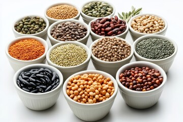 Assortment of legumes in white bowls, lentils, beans, and peas. Illustrates variety of healthy, protein-rich food options.