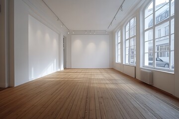 Fototapeta premium A spacious white room featuring a wooden floor, a large window, and plain white walls acts as a flexible studio or office area, offering a pristine backdrop for showcasing interior products.