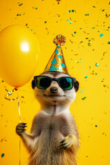 Cute funny meerkat wearing sunglasses and hat, holding happy birthday balloons against colorful confetti flying around. Vibrant yellow background banner greeting card invitation.