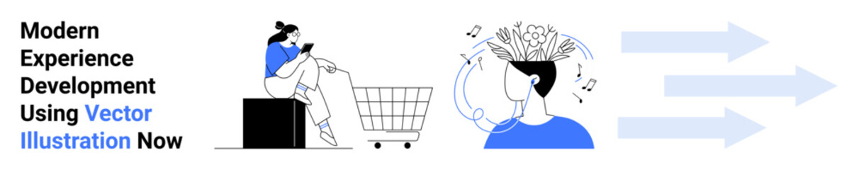 Woman using a smartphone while sitting on a cart, mind generating ideas with music. Ideal for e-commerce, creativity, innovation, marketing, digital concepts, technology, flat landing page banner