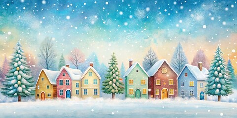 Fototapeta premium Whimsical Winter Wonderland: Colorful Houses in Snowy Landscape, Watercolor Style, Cozy Holiday Vibes, Falling Snowflakes, Charming Scene for Seasonal Decor and Greeting Cards