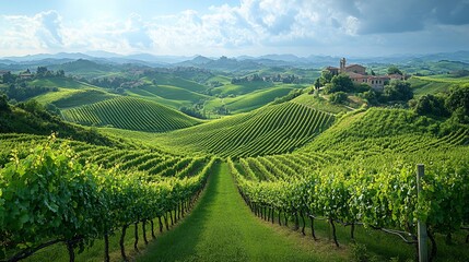 Fototapeta premium Lush vineyard landscape with rolling hills, vibrant green vines, and distant rustic villa