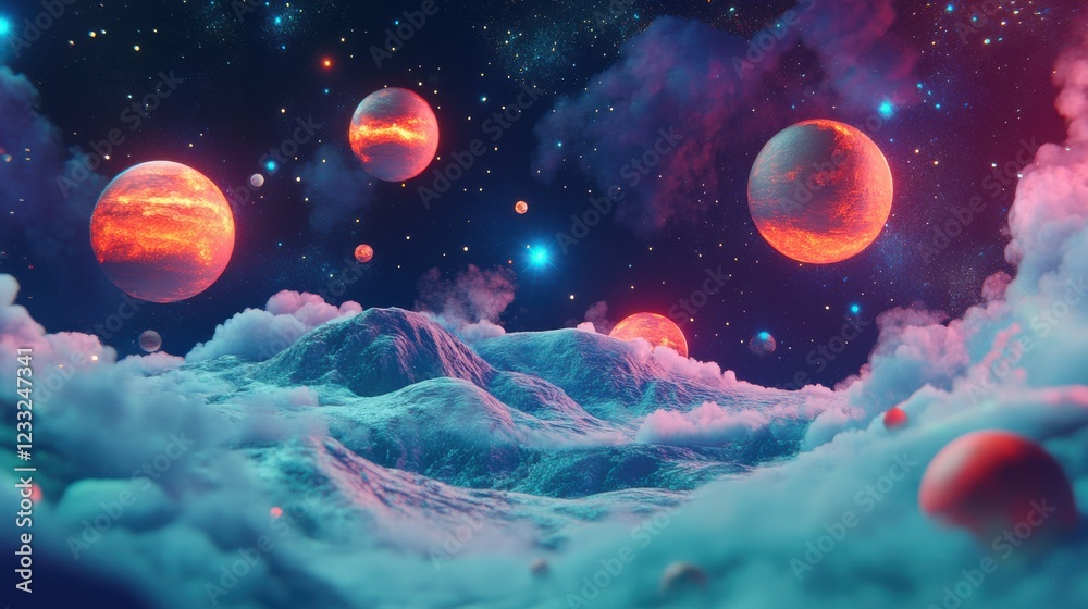 Wall mural cosmic landscape with colorful planets and mystic clouds in space