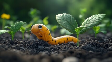 Delightful 3D Cartoon Animation Featuring a Small Caterpillar Crawling in the Soil in a Vibrant and...