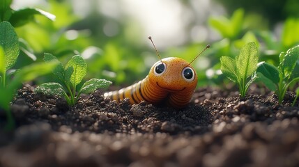 A Delightful 3D Cartoon Animation Featuring a Small Insect Joyfully Perched on a Pile of Dirt in a...