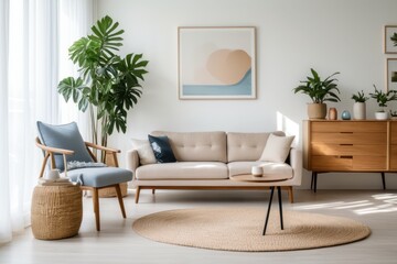 Well-lit contemporary living area featuring tasteful furniture and plants 