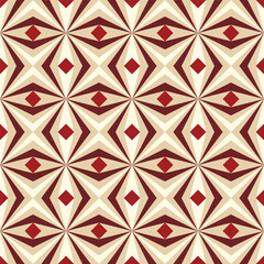 seamless geometric pattern featuring a repeating design of interlocking shapes in a warm, earthy color palette of cream, brown, and red