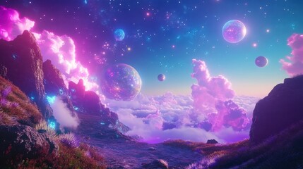 Fototapeta premium Ethereal Landscape with Colorful Clouds and Cosmic Spheres