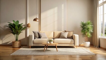 Minimalist Interior Design with Beige Sofa, Soft Textures, Neutral Palette, Cozy Living Room, Modern Aesthetic, Natural Light, Stylish Decor, Calm Atmosphere, Home Interior Inspiration