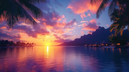 Spectacular Sunset over Bora Bora's Lagoon: Tropical Paradise at Dusk