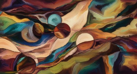 Abstract Celestial Shapes: An expressive abstract painting showcases celestial shapes and flowing lines, capturing the dynamism of the cosmos with a rich palette of warm and cool hues.