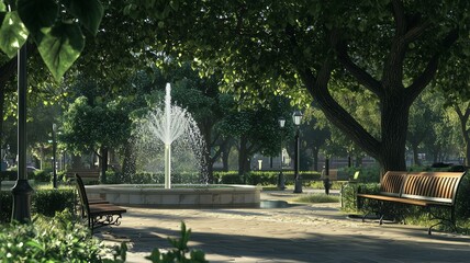 A quiet city square with a water fountain and benches under a tree, photorealistic 