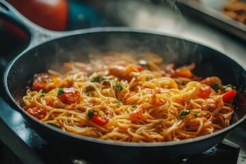 Spaghetti seafood in black iron pan.
