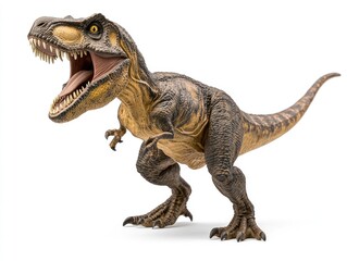 Fototapeta premium Roaring T-Rex dinosaur model, white background, prehistoric era, educational purposes