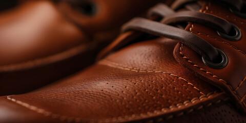 Close up of stylish brown leather shoes showing detailed stitching and shoelaces