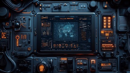 Fototapeta premium Futuristic control panel displaying a world map with glowing interfaces and buttons