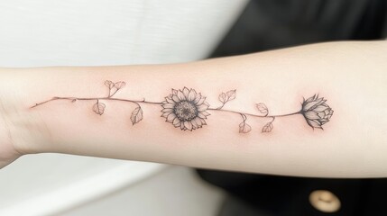 Obraz premium Floral forearm tattoo sunflower, rose vine