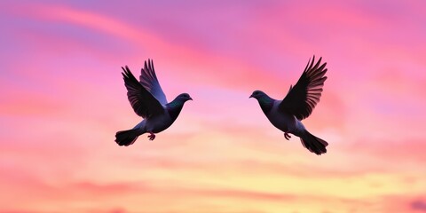 Two birds soar gracefully against a vibrant pink and purple sunset, capturing a moment of freedom and beauty in nature.