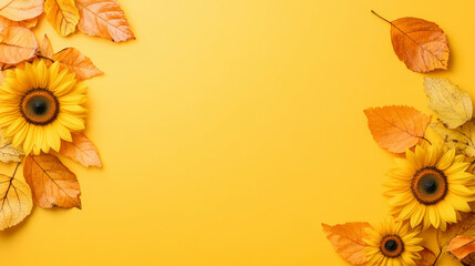 Obraz premium Bright sunflowers and autumn leaves on a vibrant yellow background create a warm, seasonal elegance for fall celebrations.