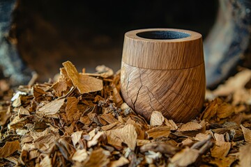 Wooden pipe on heap of chopped dried tobacco leaves.