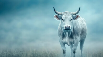 Taurus:The Bull Majestic white bull standing in misty field, showcasing strength and tranquility. Ideal for agriculture, livestock, and nature themes.