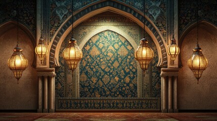 Islamic frame with patterns and hanging lanterns. Concept of religious art and architecture.