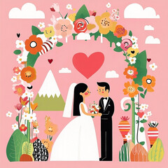 A flat vector illustration of a bride and groom standing under a floral arch at their wedding