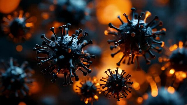 Viral Threat: A microscopic world comes to life as a cluster of dark, spiky viruses hover against a hazy, orange backdrop, creating a haunting reminder of the unseen dangers that exist. 