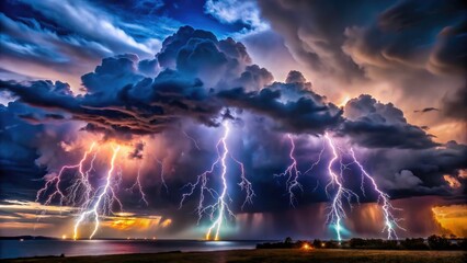Obraz premium Night Thunderstorm with Lightning Strikes and Dramatic Skies, Capturing Nature's Fury and Power in a Show of Electric Light and Dark Clouds