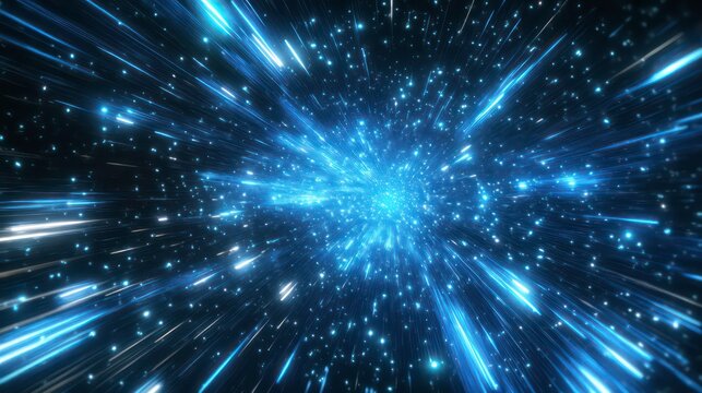 Retro 80s video game background with grid of blue light streaking in space