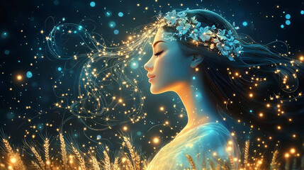 Virgo: The Maiden Enchanting fantasy woman amid glowing lights and flowers, night scene capturing ethereal beauty, dreamlike ambiance, perfect for digital art inspiration.
