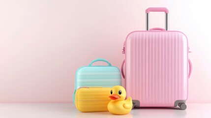 Colorful Luggage with Yellow Rubber Duck on Light Background