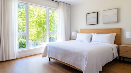 Fototapeta premium Modern Bright Bedroom with Large Window and Minimalist Decor