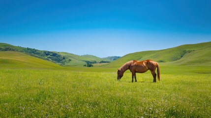 Obraz premium Horse Grazing Peacefully in Lush Green Meadow Under Clear Blue Sky: Rolling Hills, Wildflowers, and Tranquil Rural Landscape Highlighting Calm Environment and Horse Care