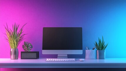 Modern Computer Setup With Plants Under Neon Lighting