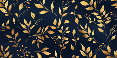 Elegant navy and gold botanical pattern with intricate leaf illustrations and a textured finish.