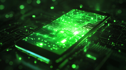 Futuristic smartphone surrounded by glowing green circuits, depicting advanced technology in a digital landscape