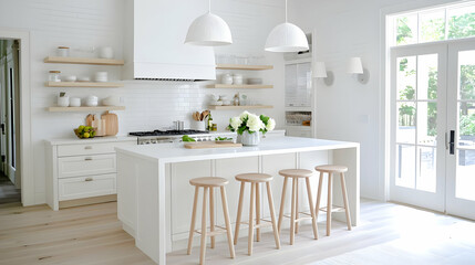 Modern white kitchen island, French doors, bright