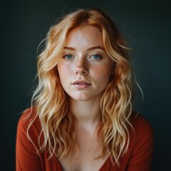 Naklejka premium Woman with Blonde Wavy Hair and Freckles Gazes Tenderly 