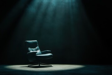 Fototapeta premium Dark room, spotlight on leather armchair. Perfect for mystery, suspense, or loneliness themes.